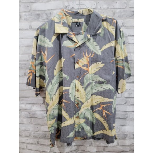 Tommy Bahama Men Large Palm Leaf Print 100% Silk Shirt Yellow Orange Gray - Picture 5 of 10